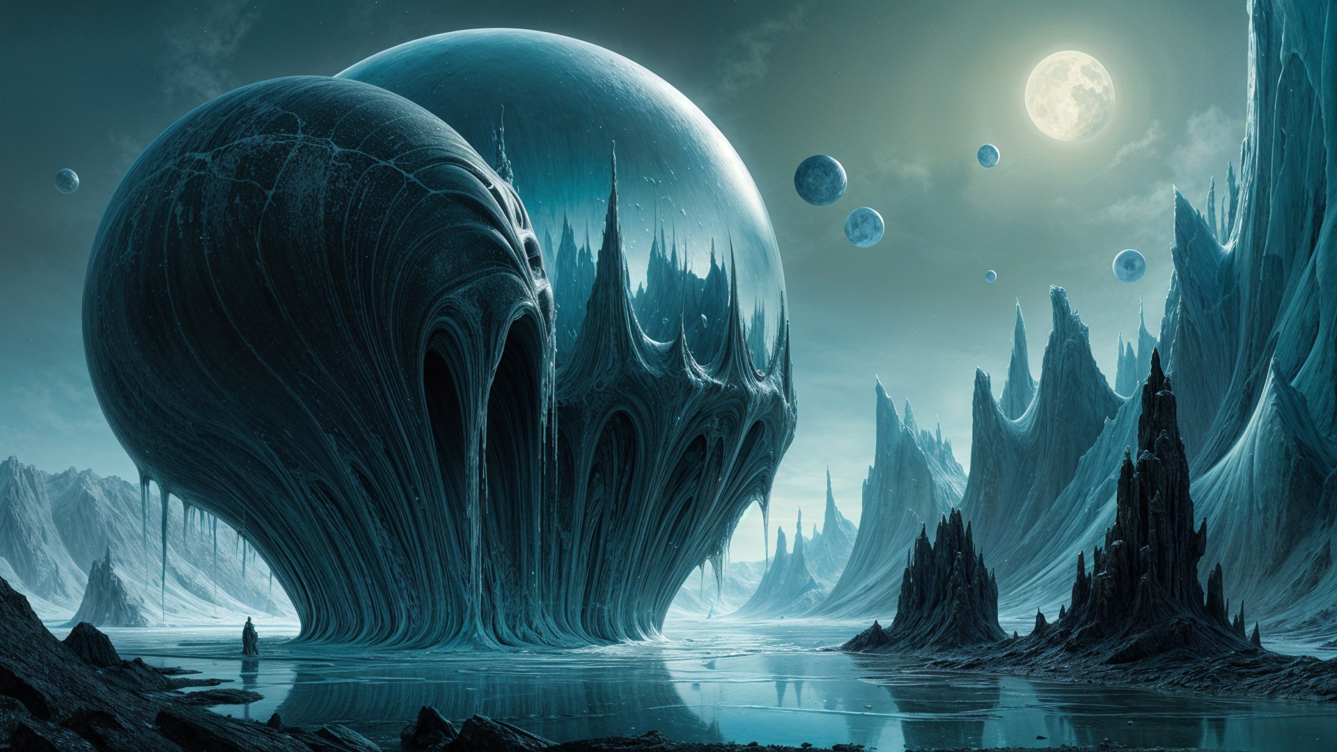 Otherworldly Landscape with Glacier Peaks and Moonlit Water