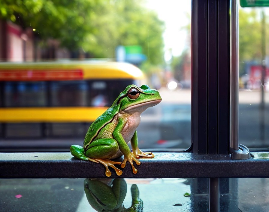 Realistic green frog model on window ledge with city street background
