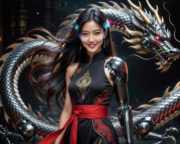 Cyborg woman and cybernetic dragon in futuristic setting