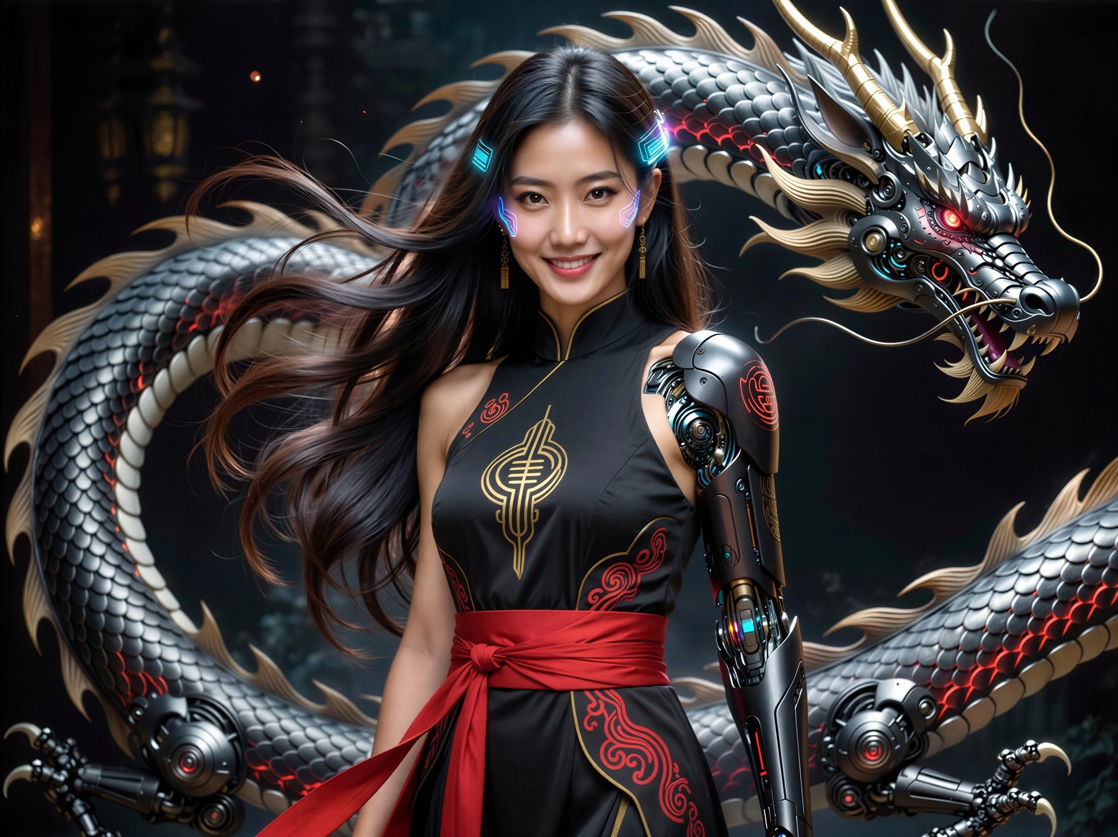 Cyborg woman and cybernetic dragon in futuristic setting