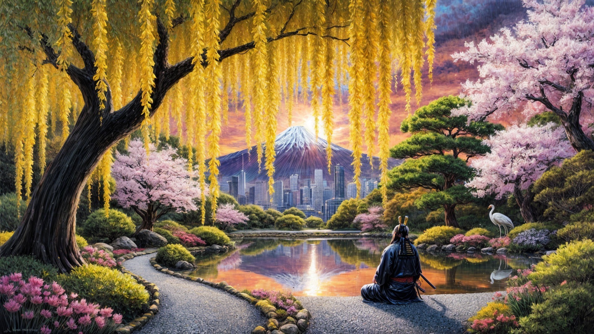 Lone Samurai by Pond with Cherry Blossoms and Fuji