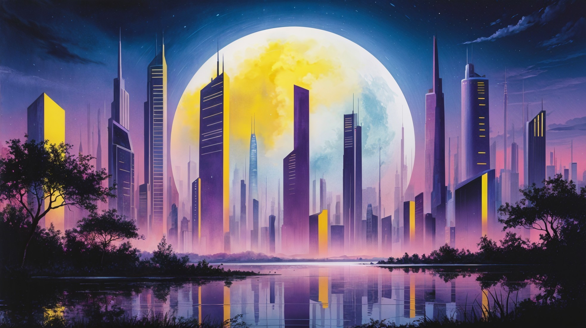Futuristic cityscape under a luminous moonlight