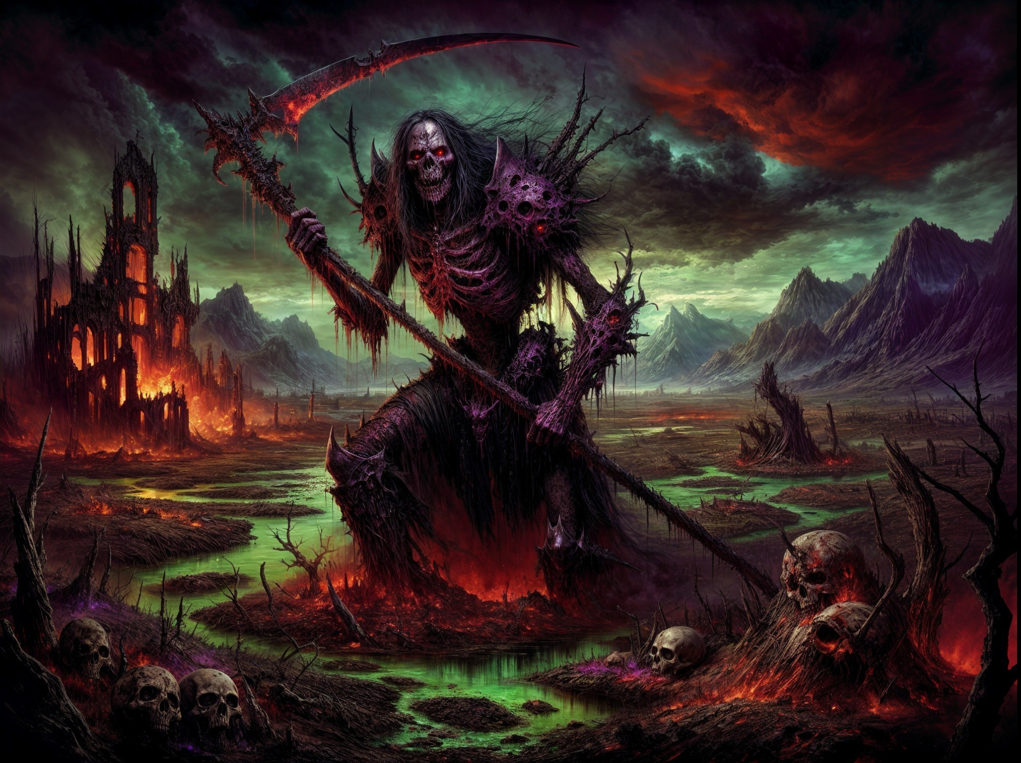 Menacing Figure in Dark Armor in Eerie Landscape