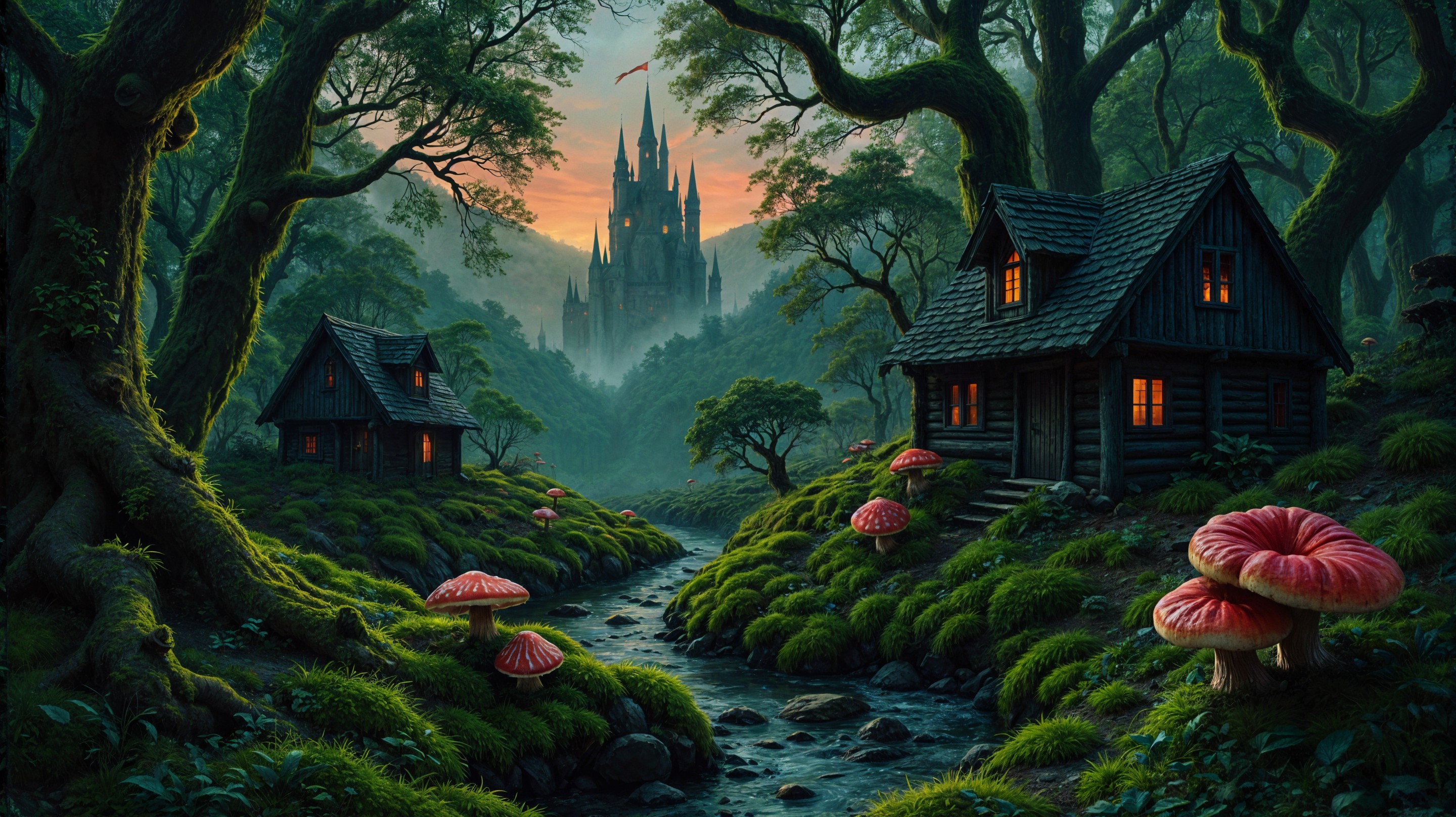 Mystical Forest with Cottages and Colorful Sunset