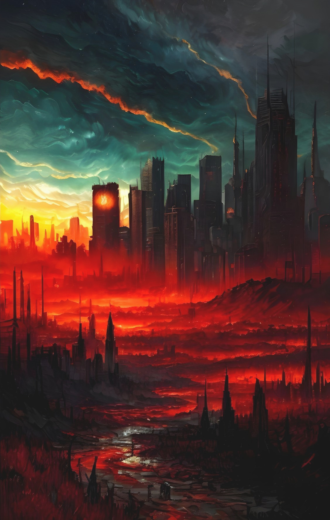 Dystopian cityscape at sunset with towering skyscrapers