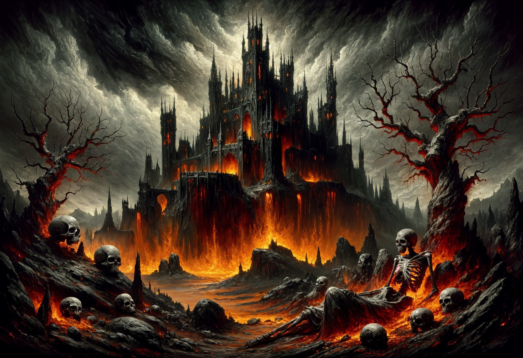 Dark Landscape with Castle Amid Flames and Skulls