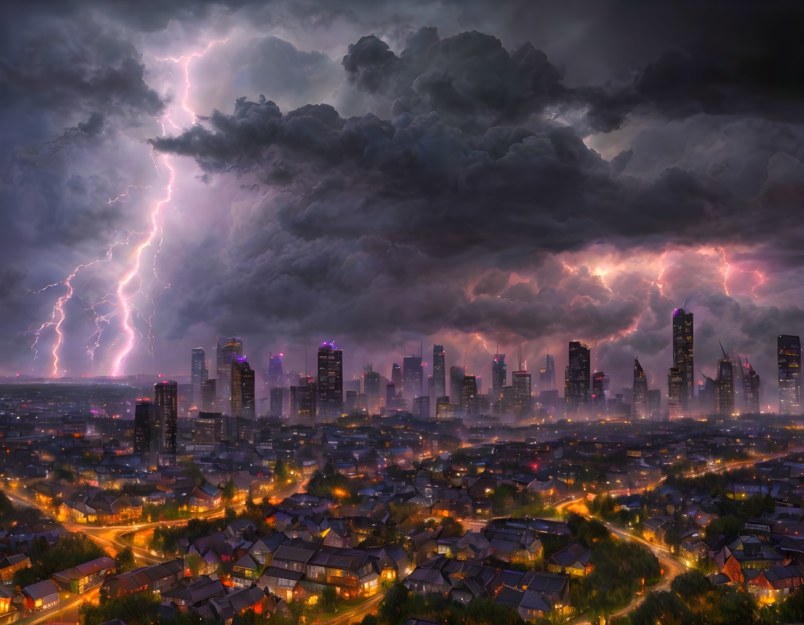 Night cityscape with storm clouds and lightning bolts.