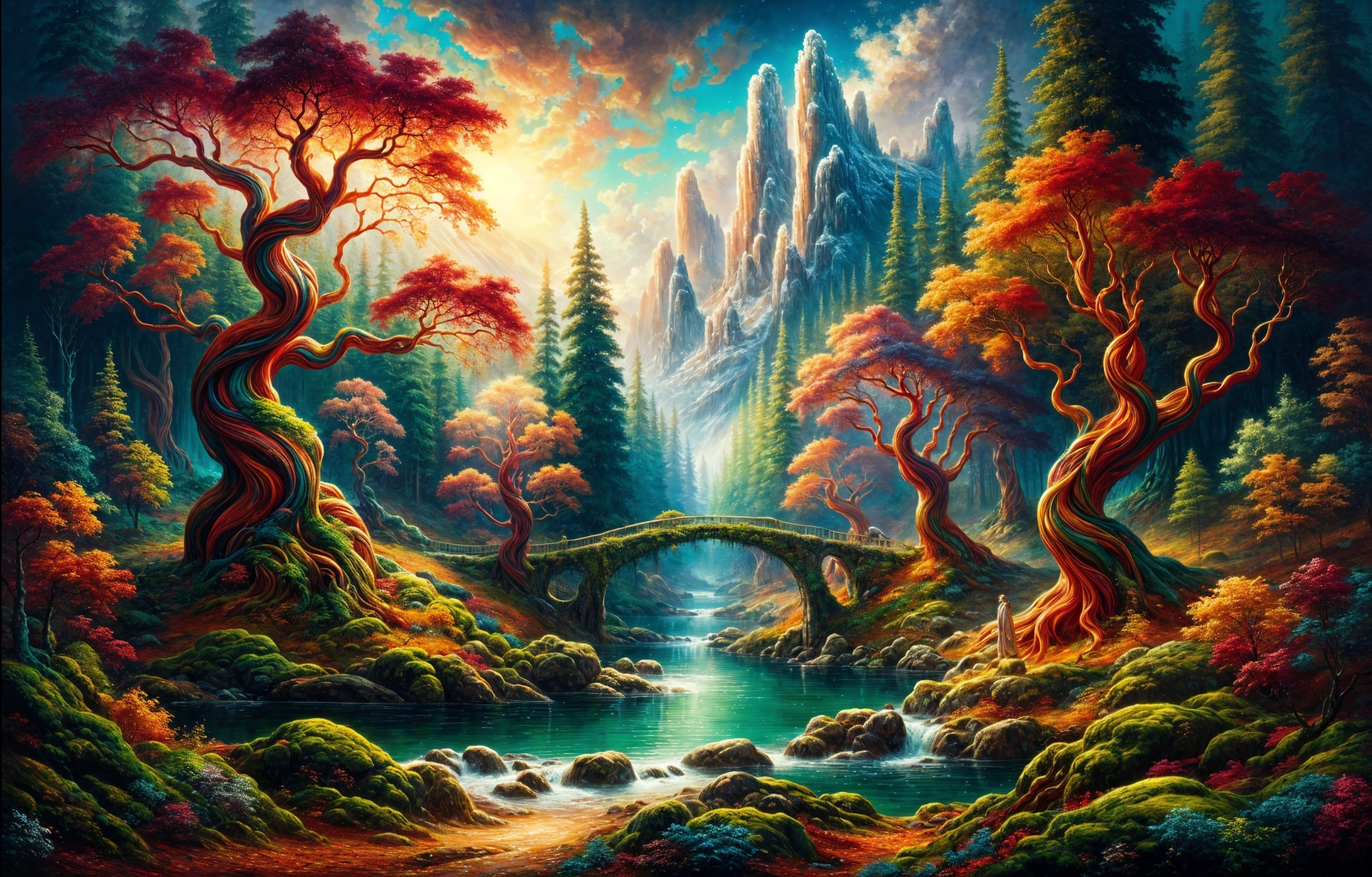 Vibrant Landscape with River and Colorful Trees