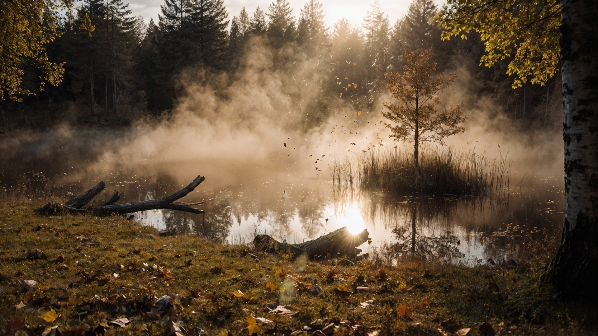 Misty Lake Landscape at Dawn with Autumn Colors