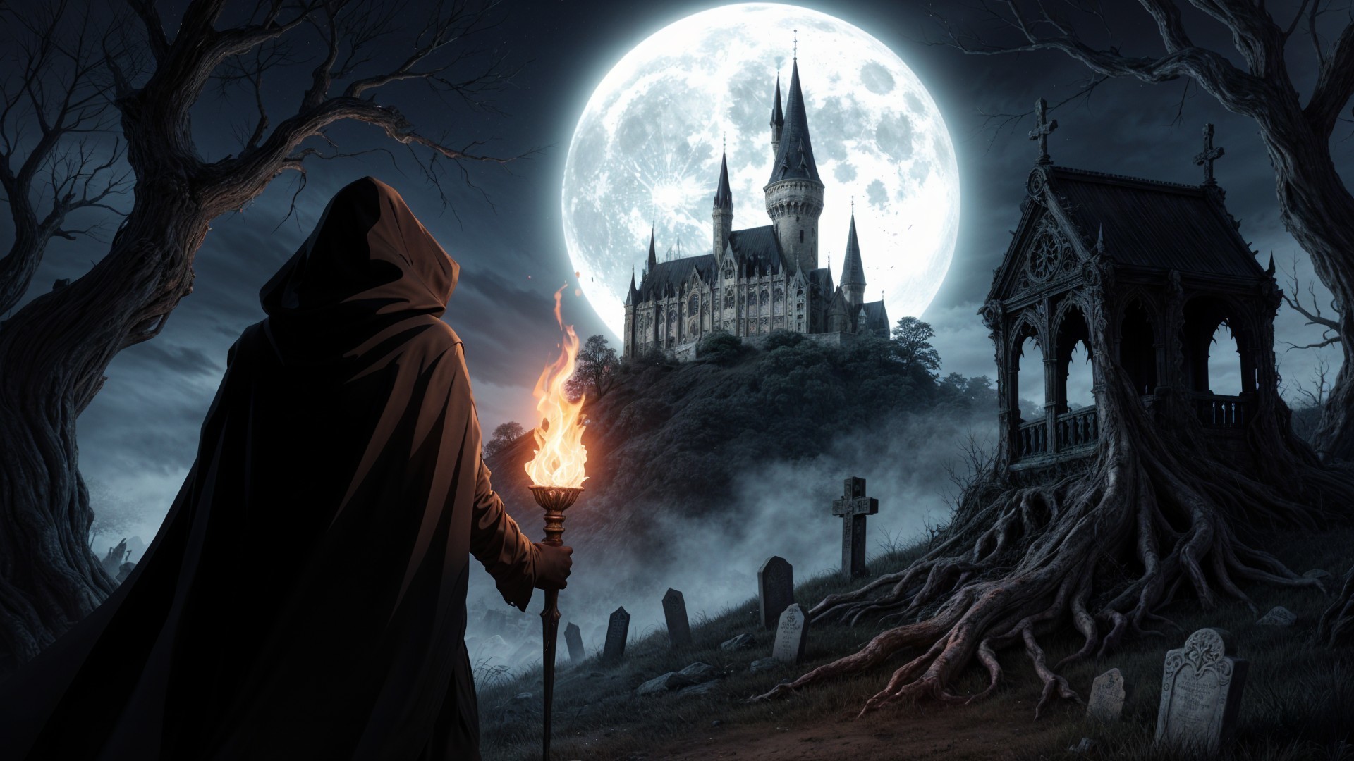 Mysterious Cloaked Figure in Foggy Graveyard Scene