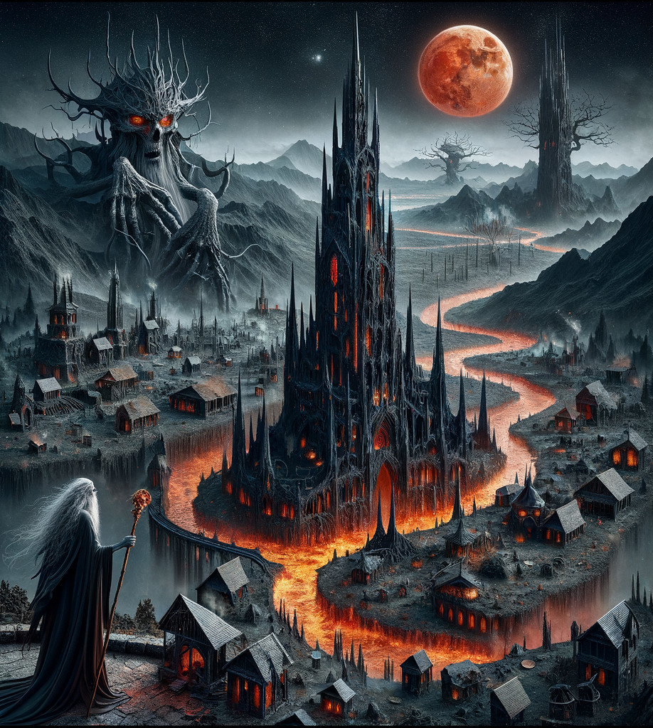 Menacing castle in a dark, lava-filled landscape