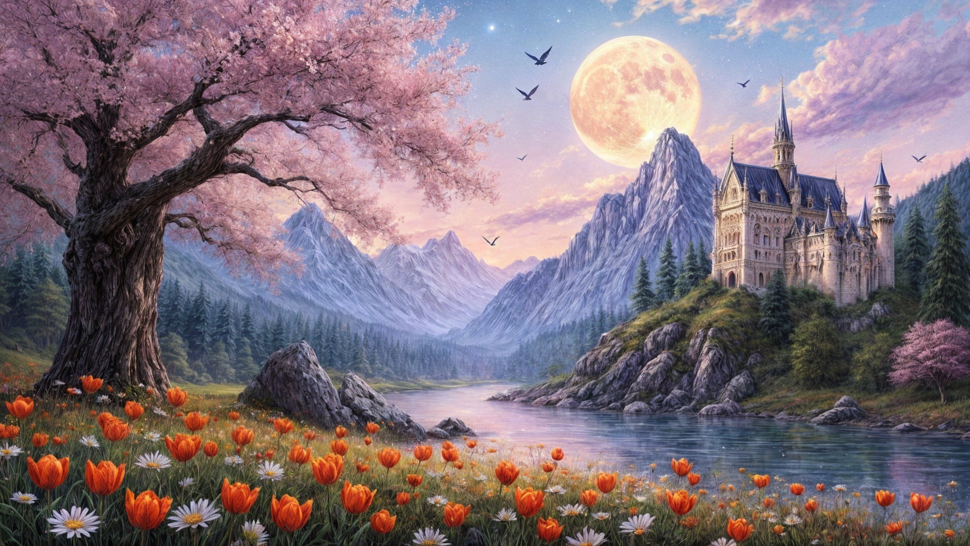 Charming Castle Landscape with Vibrant Flowers and Moon