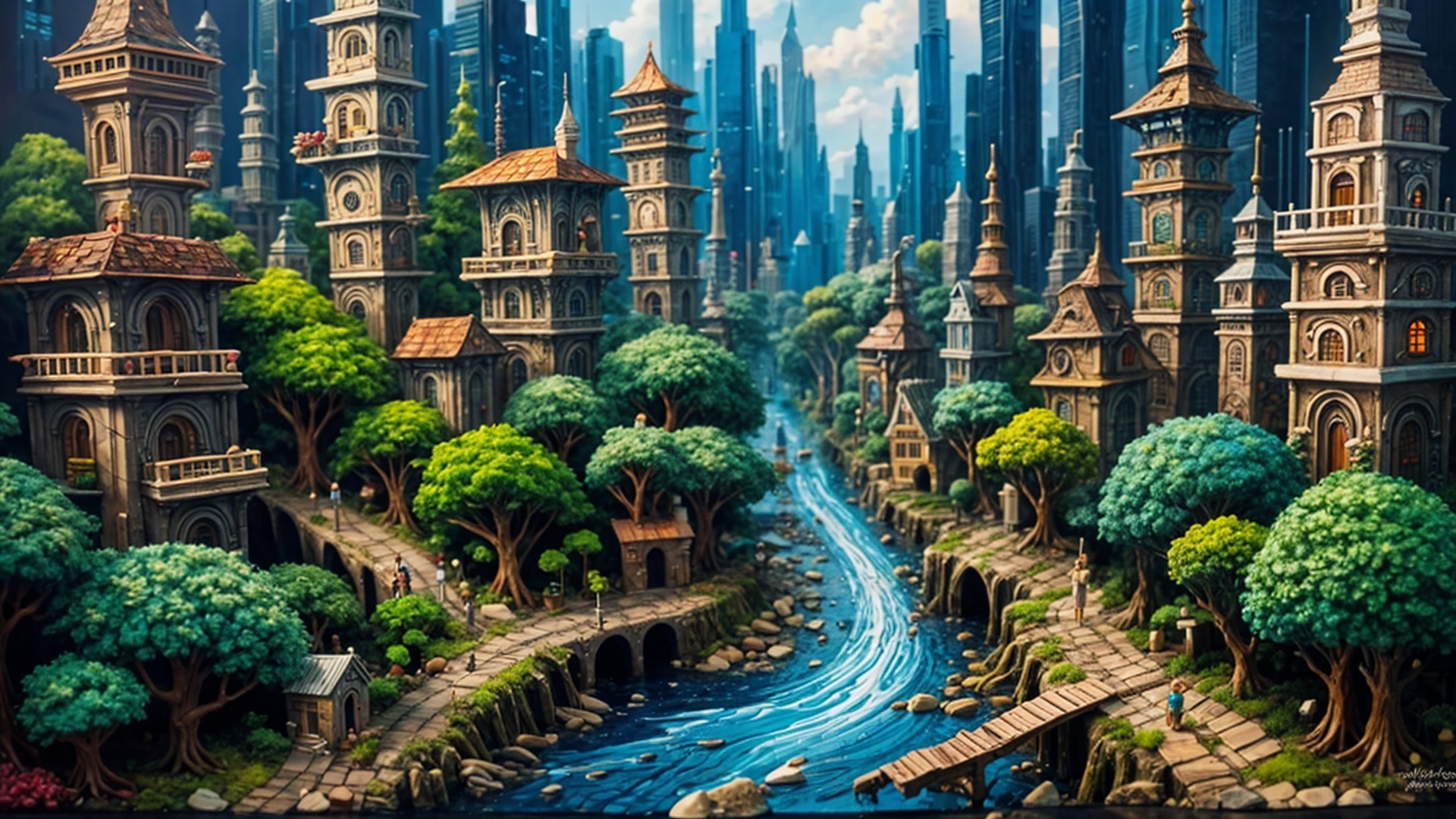 Fantasy Landscape with River, Village, and Skyscrapers