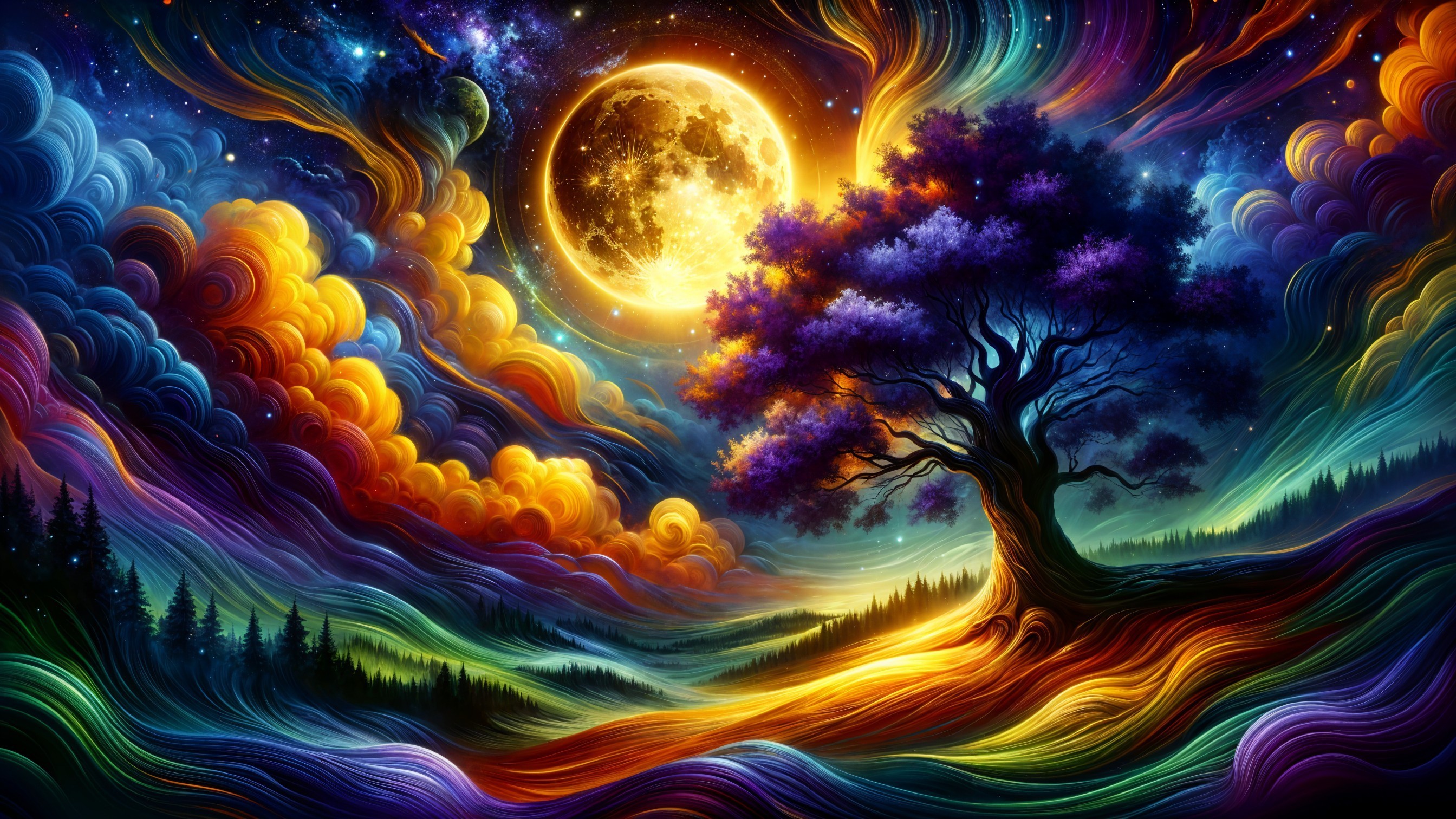 Surreal Landscape with Majestic Tree and Colorful Sky