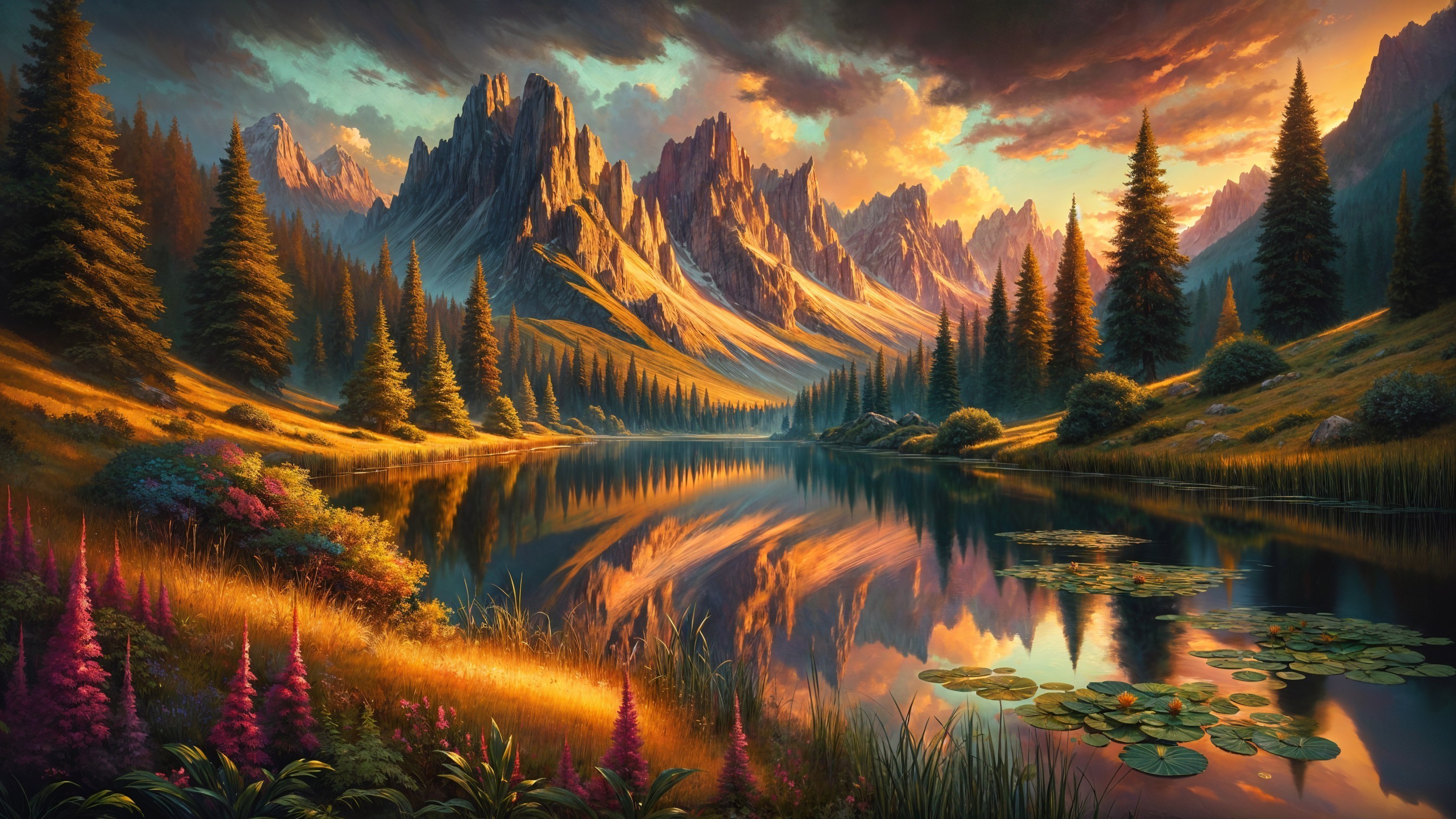 Serene Landscape with Mountains and Reflective Lake