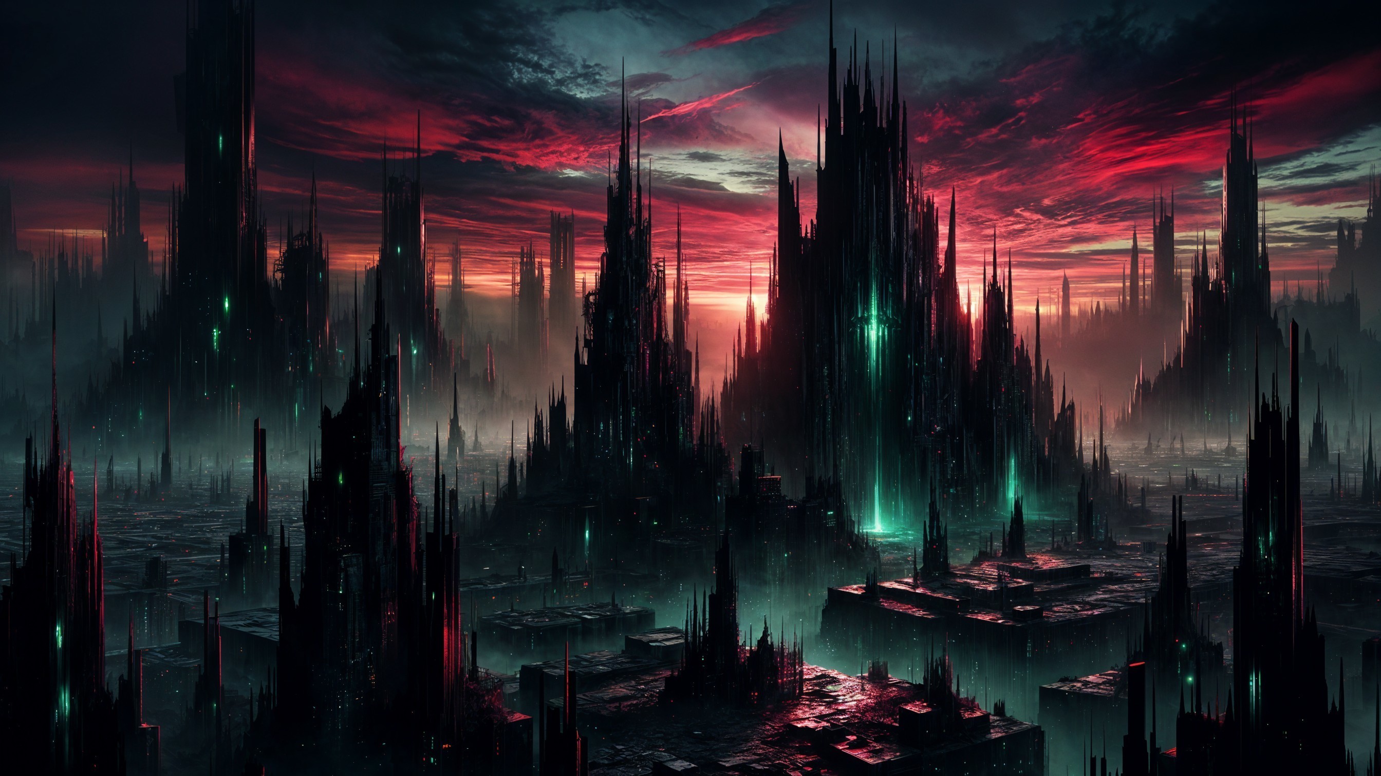Surreal Landscape with Jagged Spires and Dramatic Sky