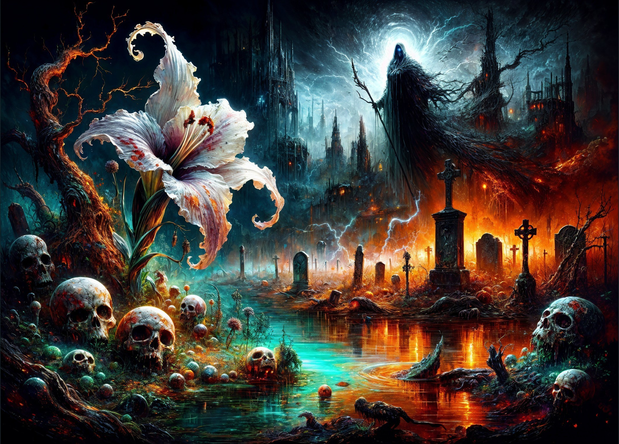 Vibrant Scene of Life and Death with Lily and Skulls
