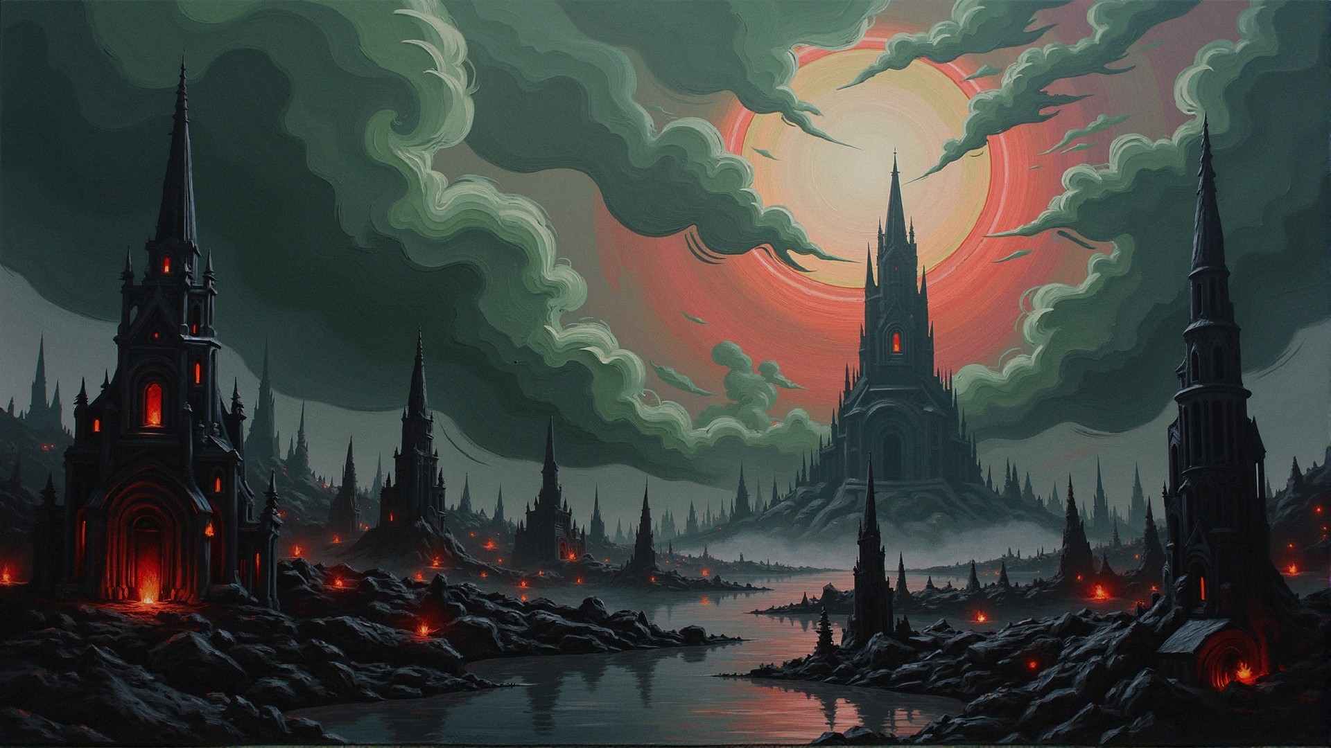Dramatic Landscape with Dark Spires and Mist