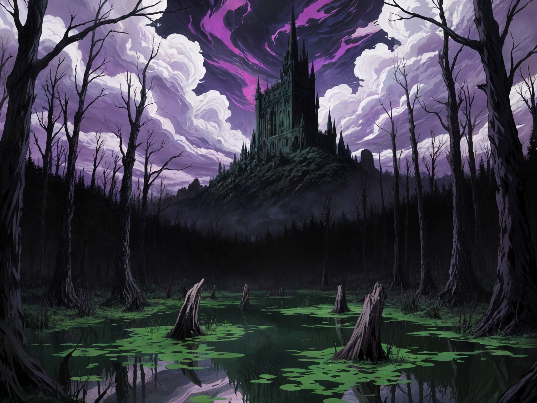 Dark Landscape with Castle and Eerie Swamp Scene