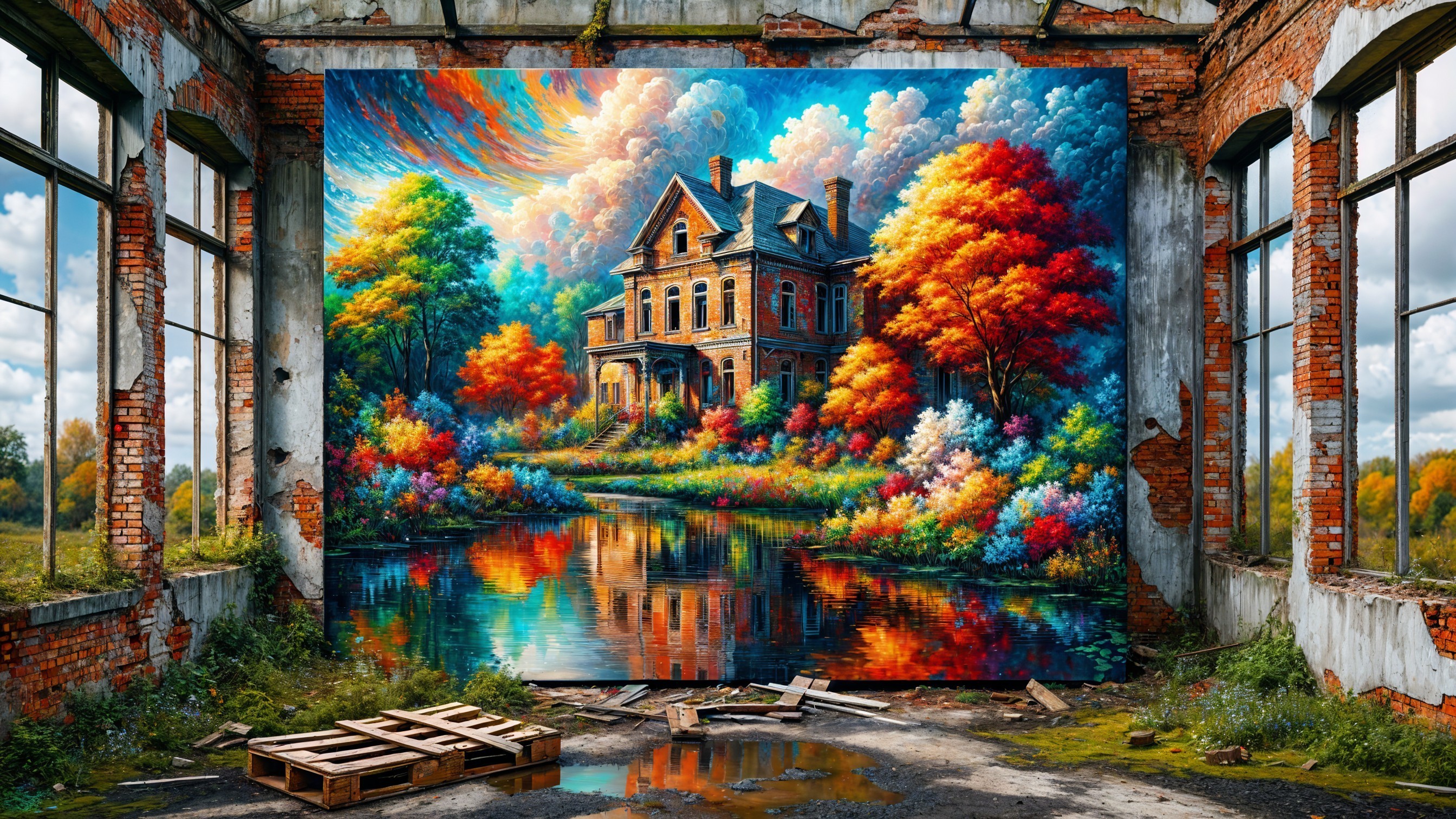 Vibrant Mural of House and Autumn Trees on Abandoned Building