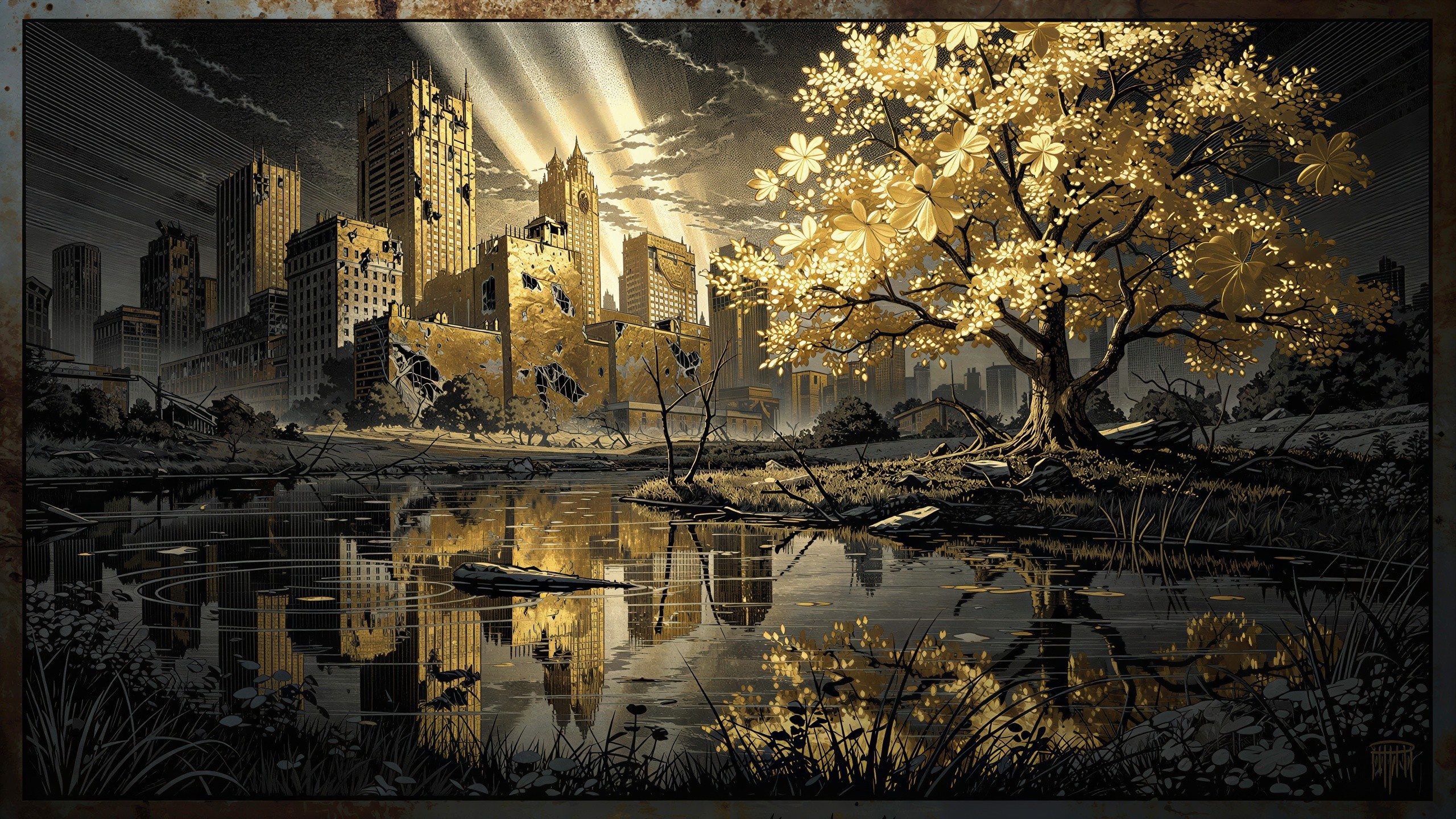 Dystopian Future City with Ruins and Golden Tree