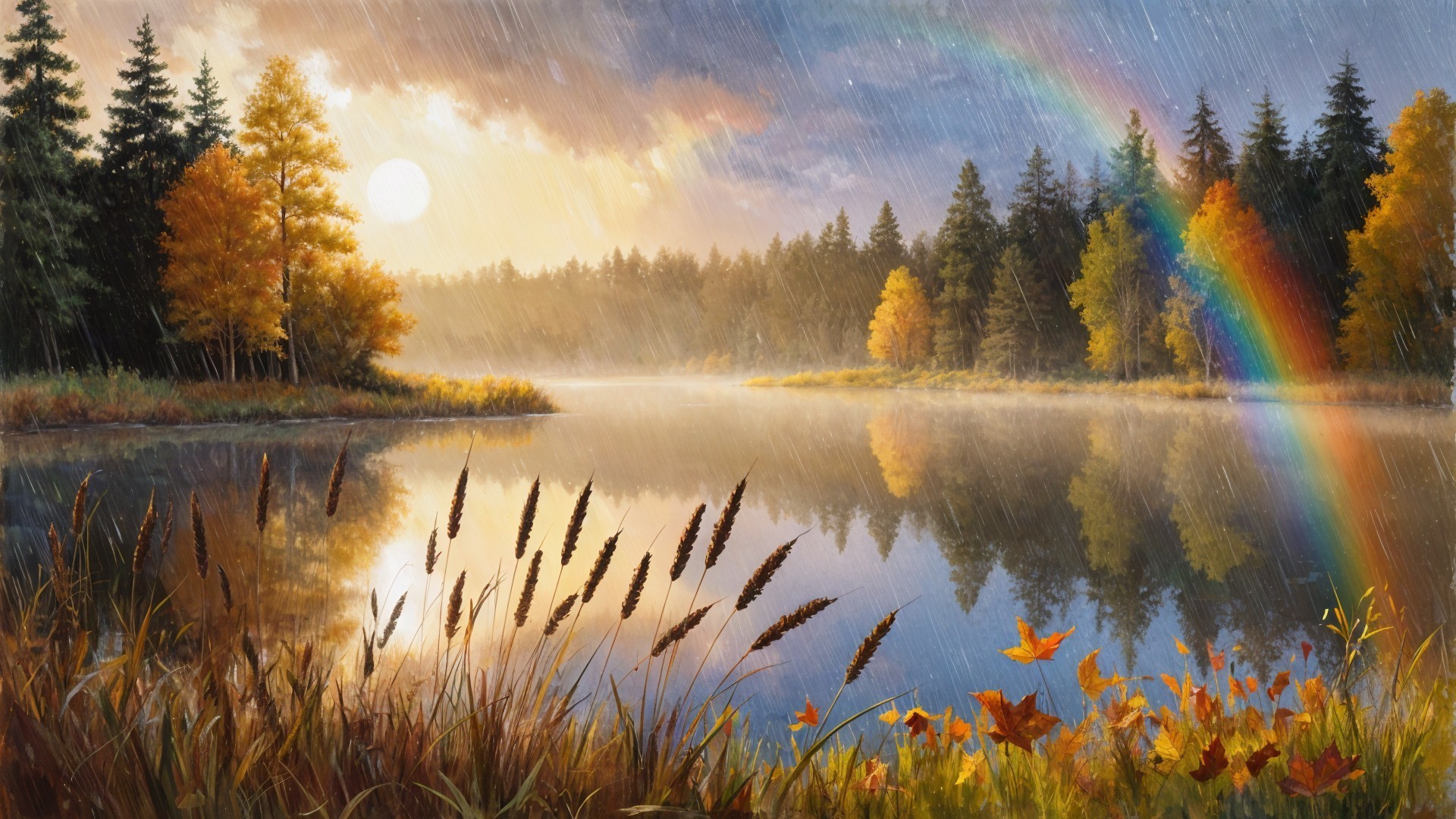 Autumn Landscape with River and Rainbow Reflection