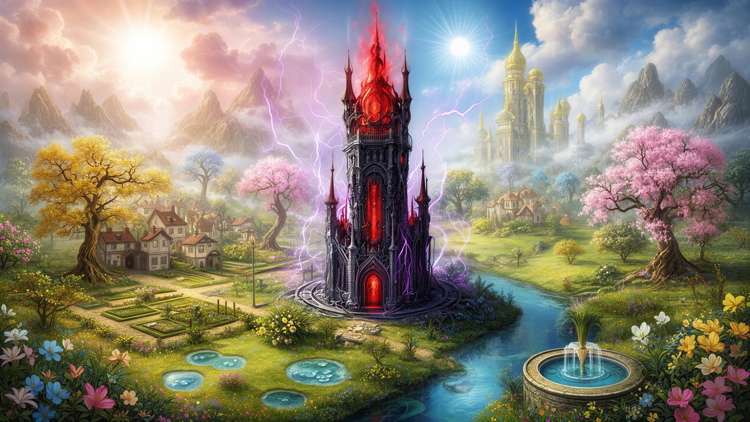 Fantasy Landscape with Gothic Tower and Village