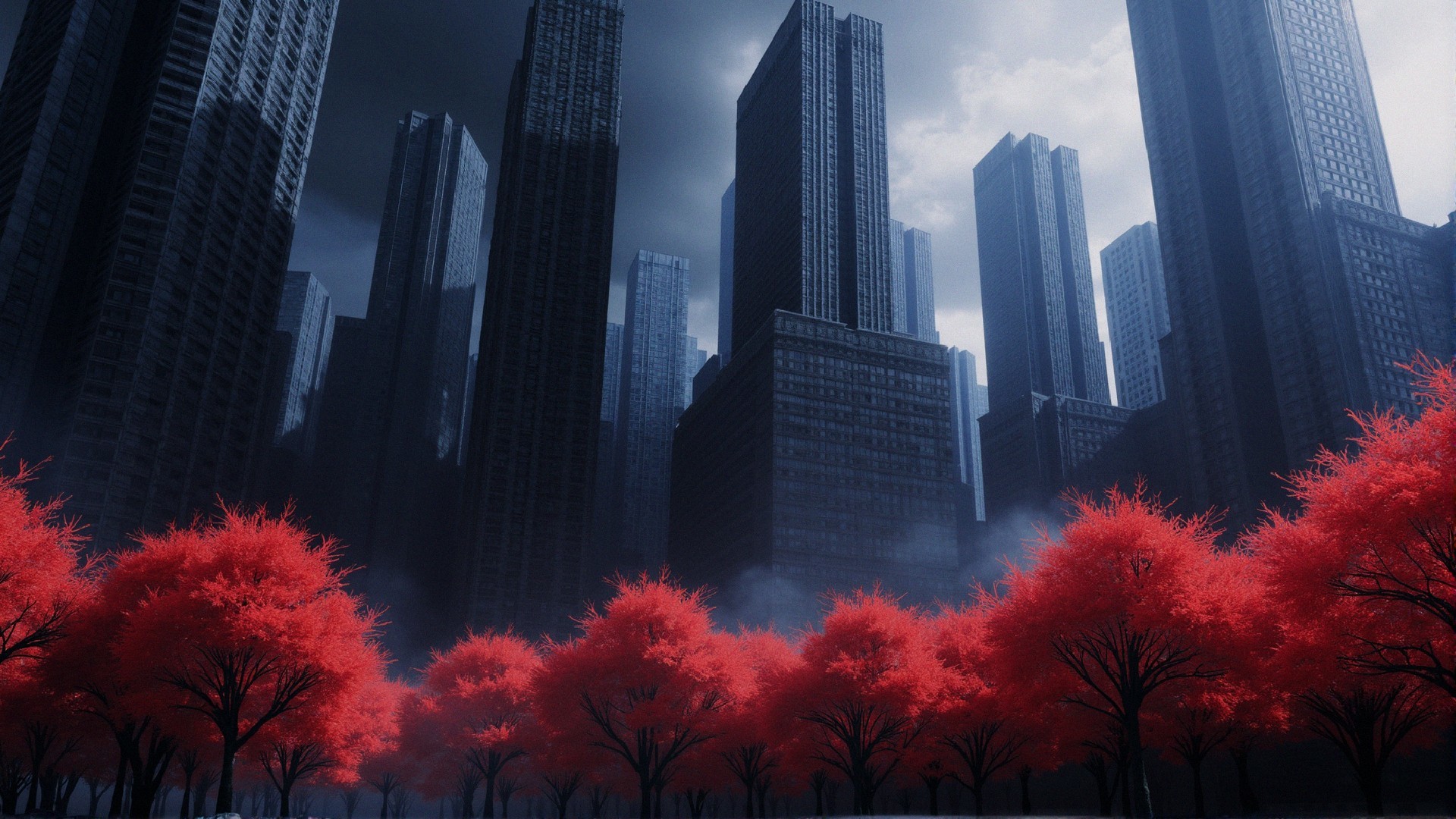 Contrast of Red Trees and Urban Skyscrapers