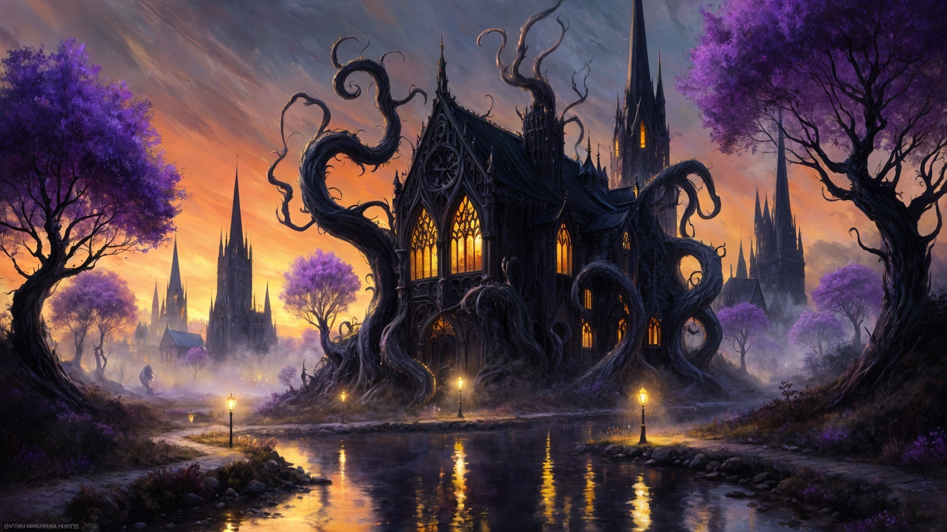 Gothic Castle in Enchanting Dark Landscape at Sunset