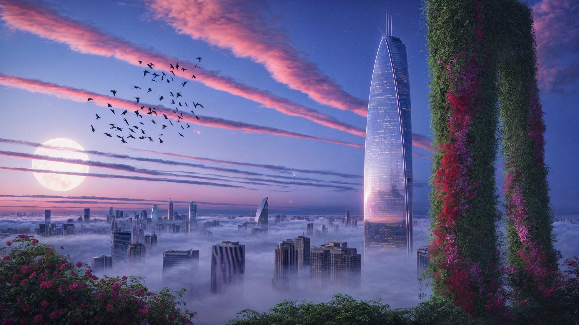 Futuristic Skyline at Twilight with Lush Greenery