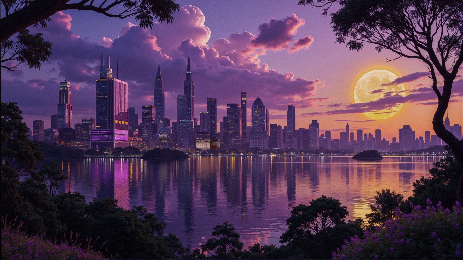 Twilight City Skyline with Moonlit Reflections
