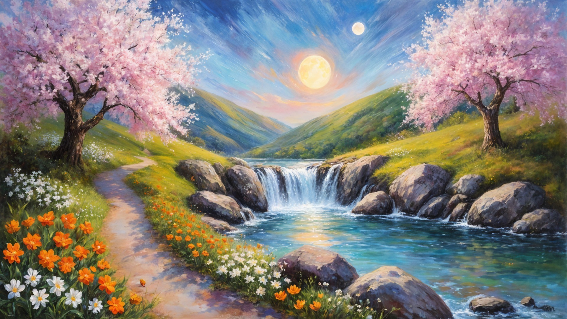 Serene Landscape with Cherry Blossoms and Waterfall