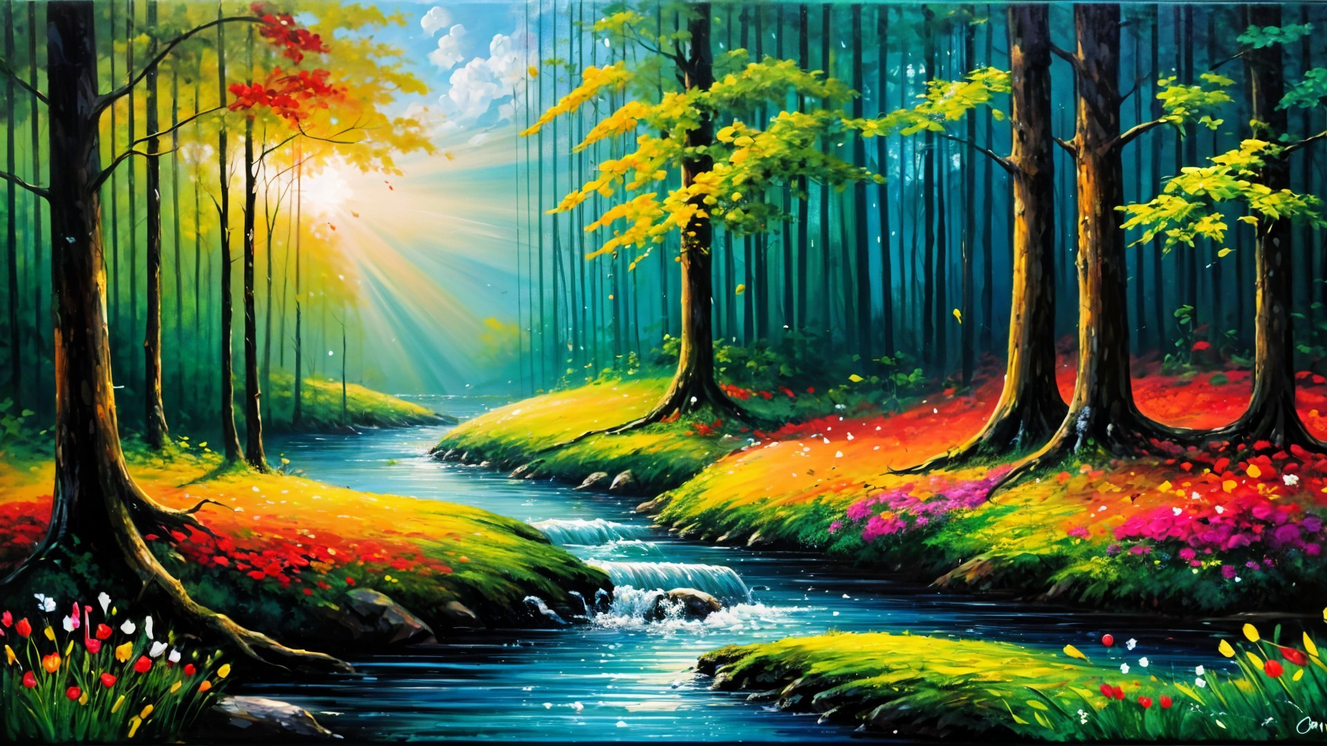 Vibrant Landscape with Serene Brook and Wildflowers