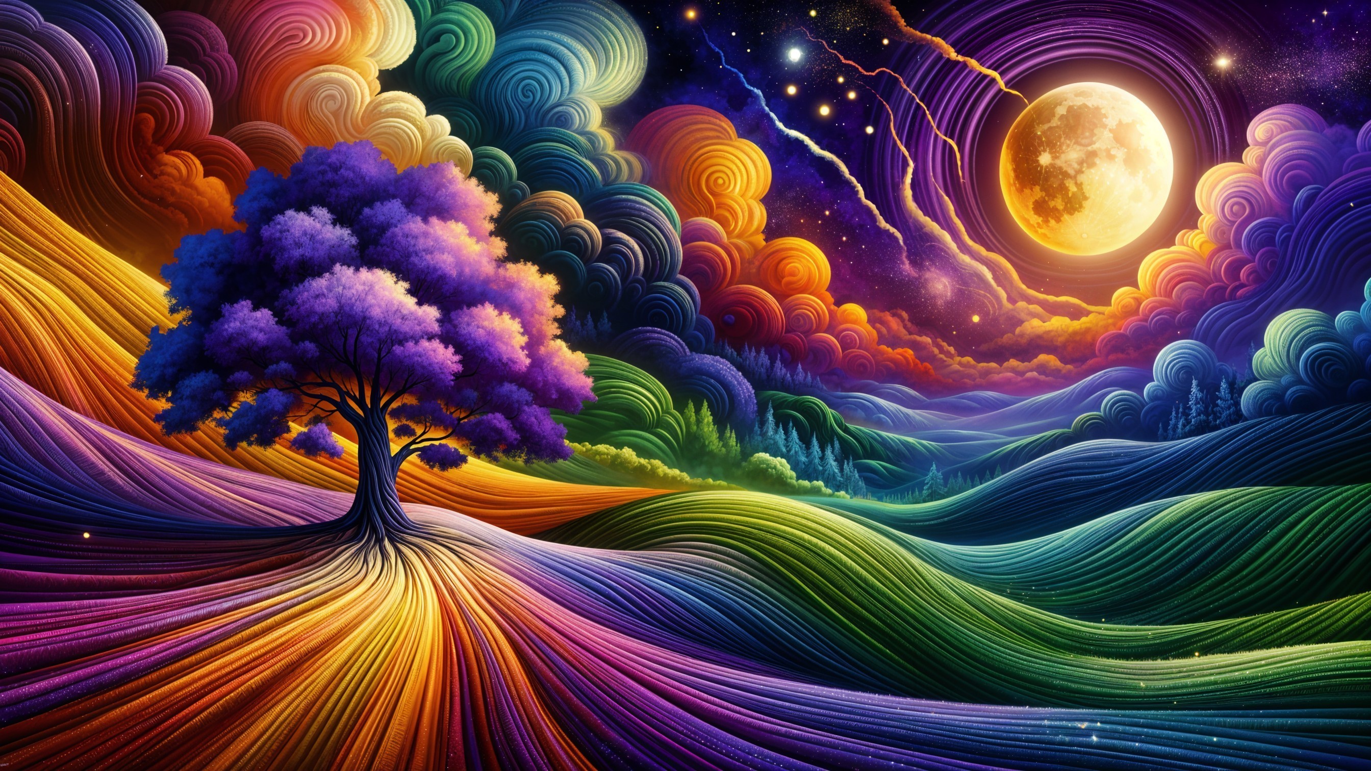 Vibrant Landscape with Colorful Hills and Night Sky
