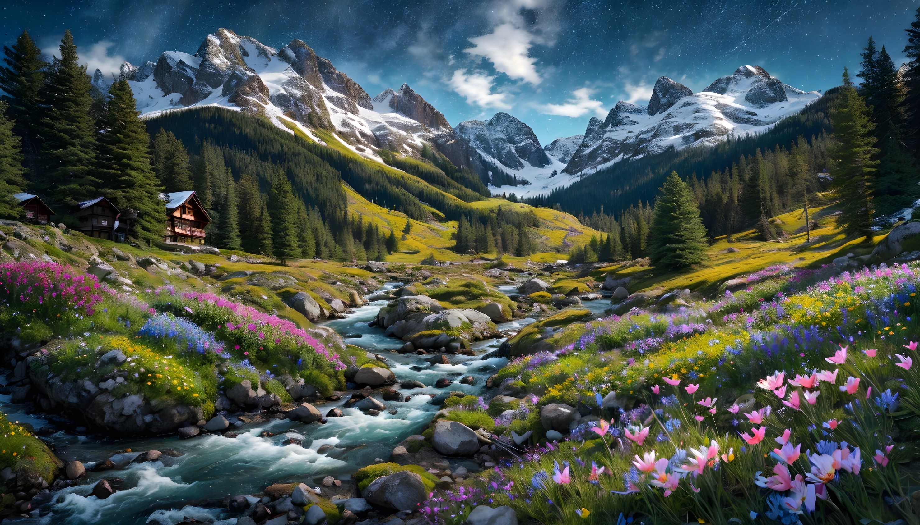 Serene Landscape with Stream and Snow-Capped Mountains