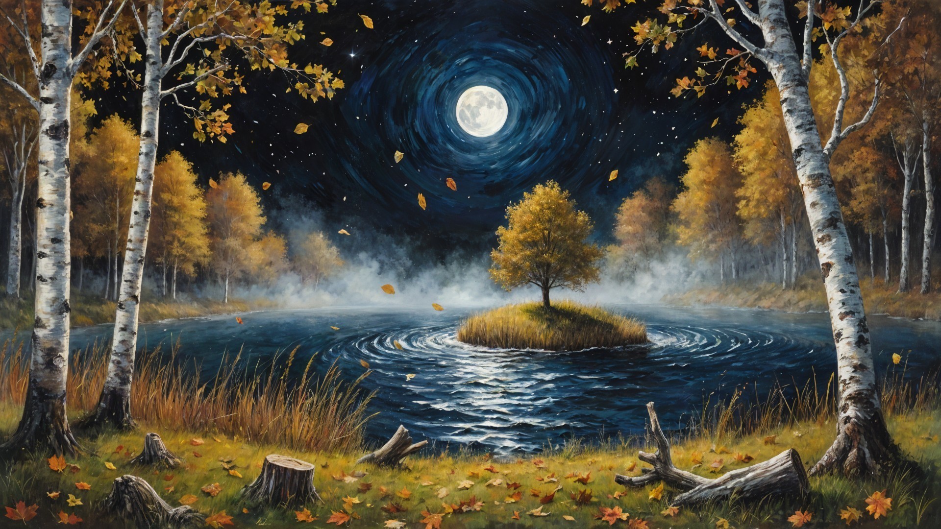 Autumn Landscape with Calm Lake and Full Moon