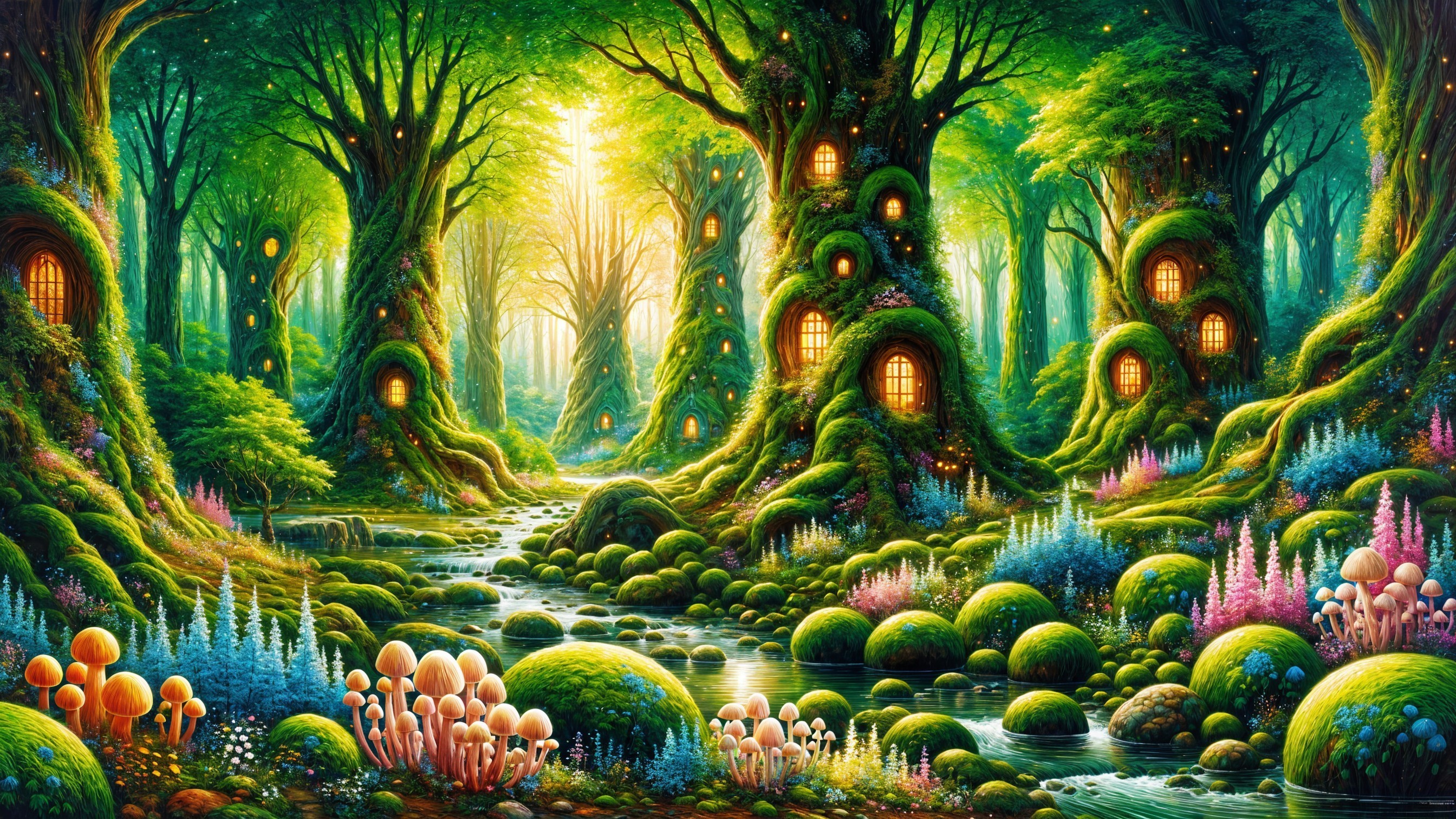 Enchanted forest with glowing windows and vibrant flora