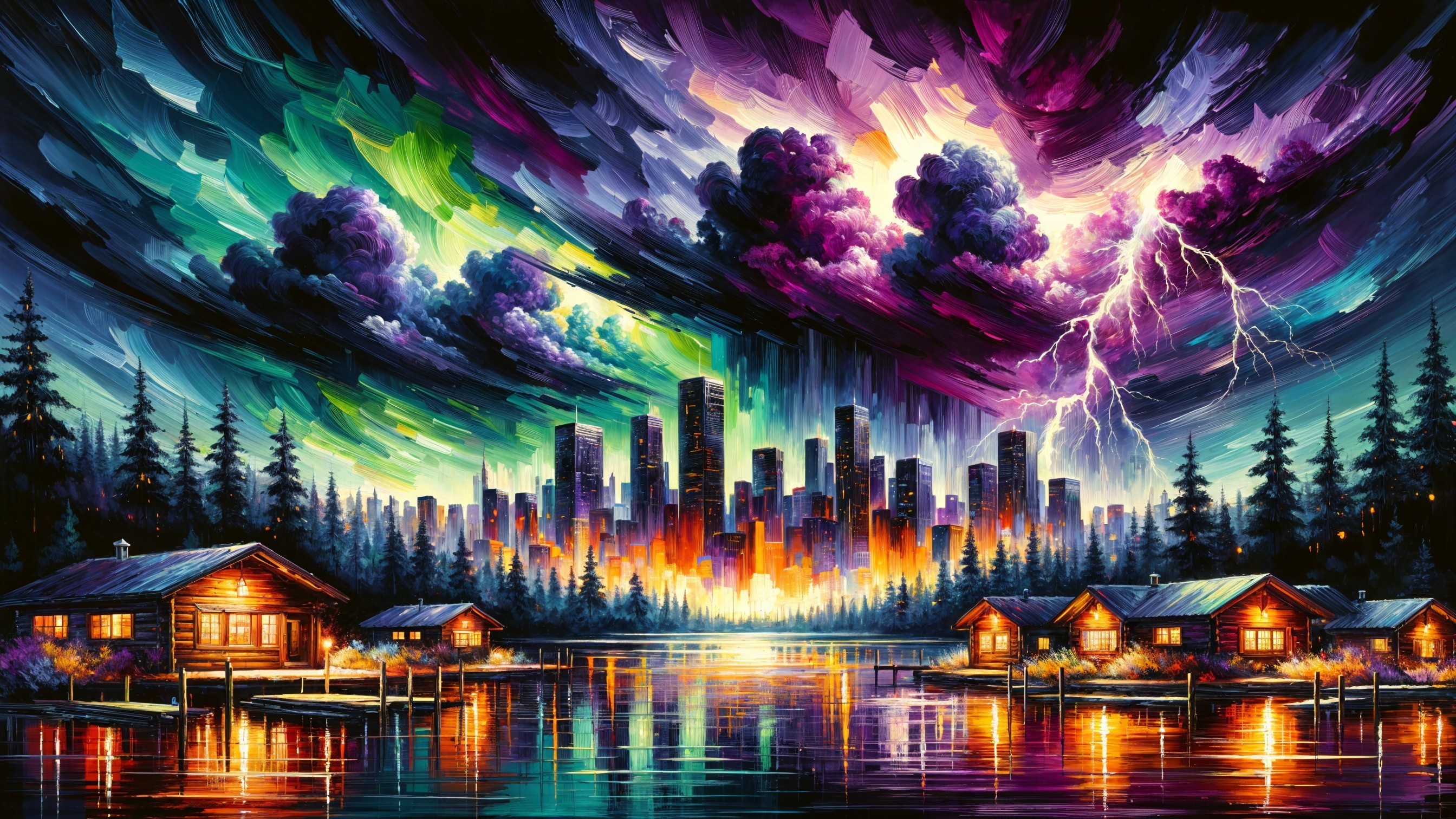 Dramatic Twilight Skyline with Skyscrapers and Nature