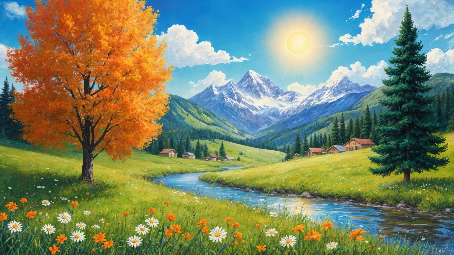 Vibrant Landscape of Mountains, Valley, and Cottages