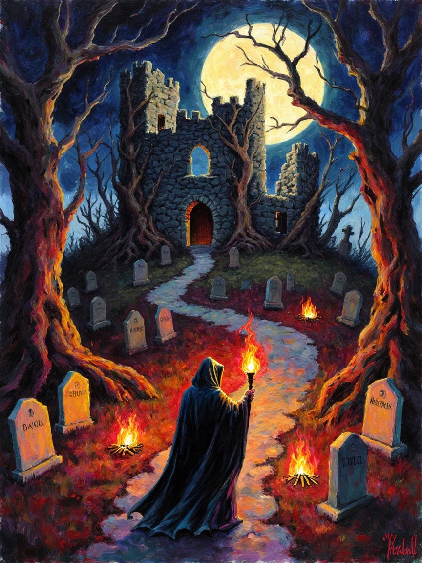 Atmospheric Scene of a Haunted Castle at Night