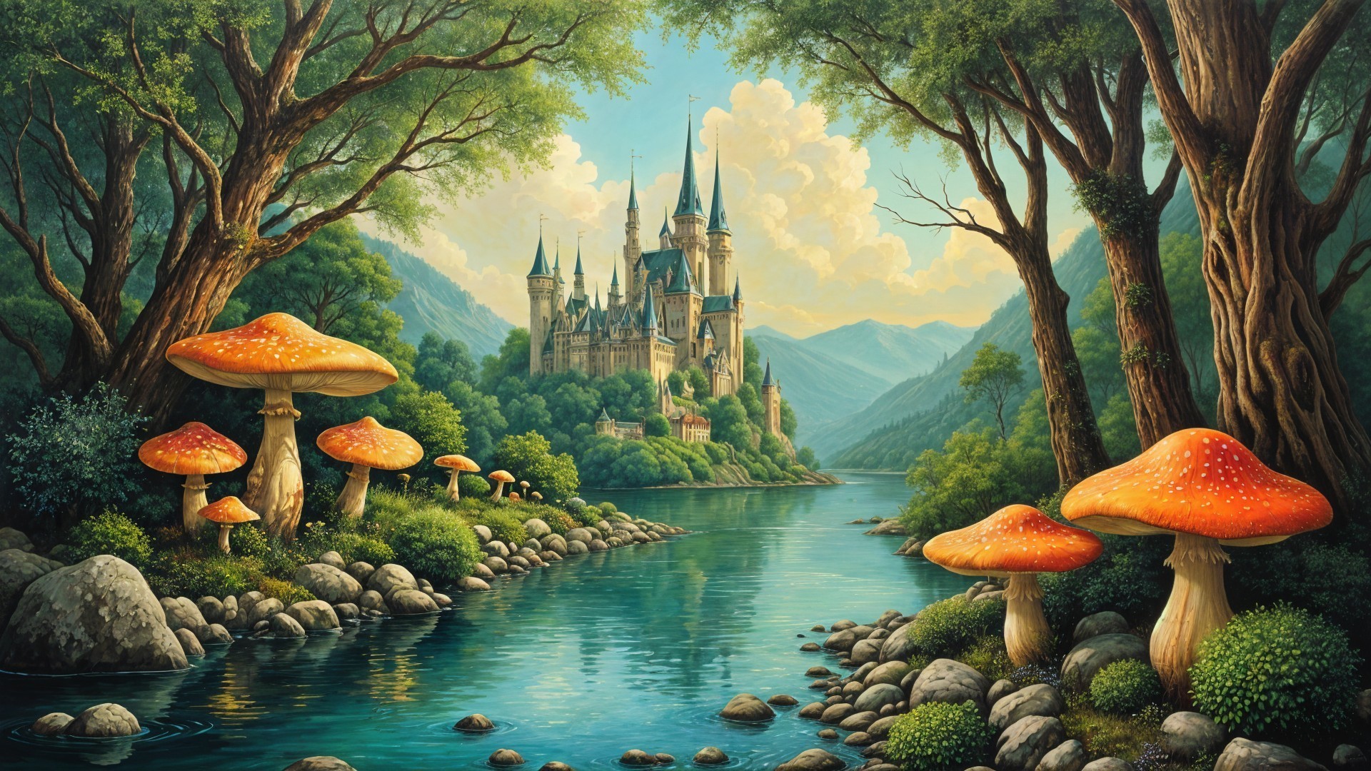 Grand Castle in Lush Mountains with Vibrant Mushrooms