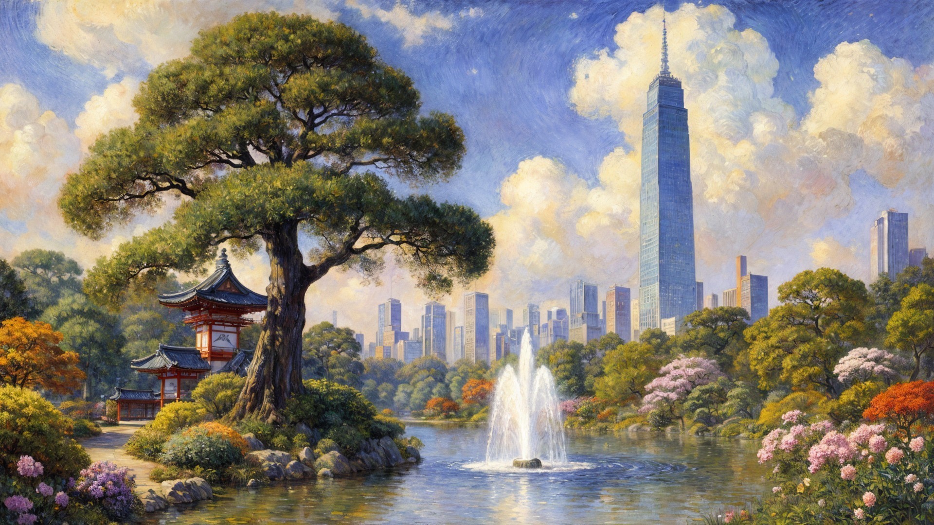 Serene Landscape of Nature and Urban Elements