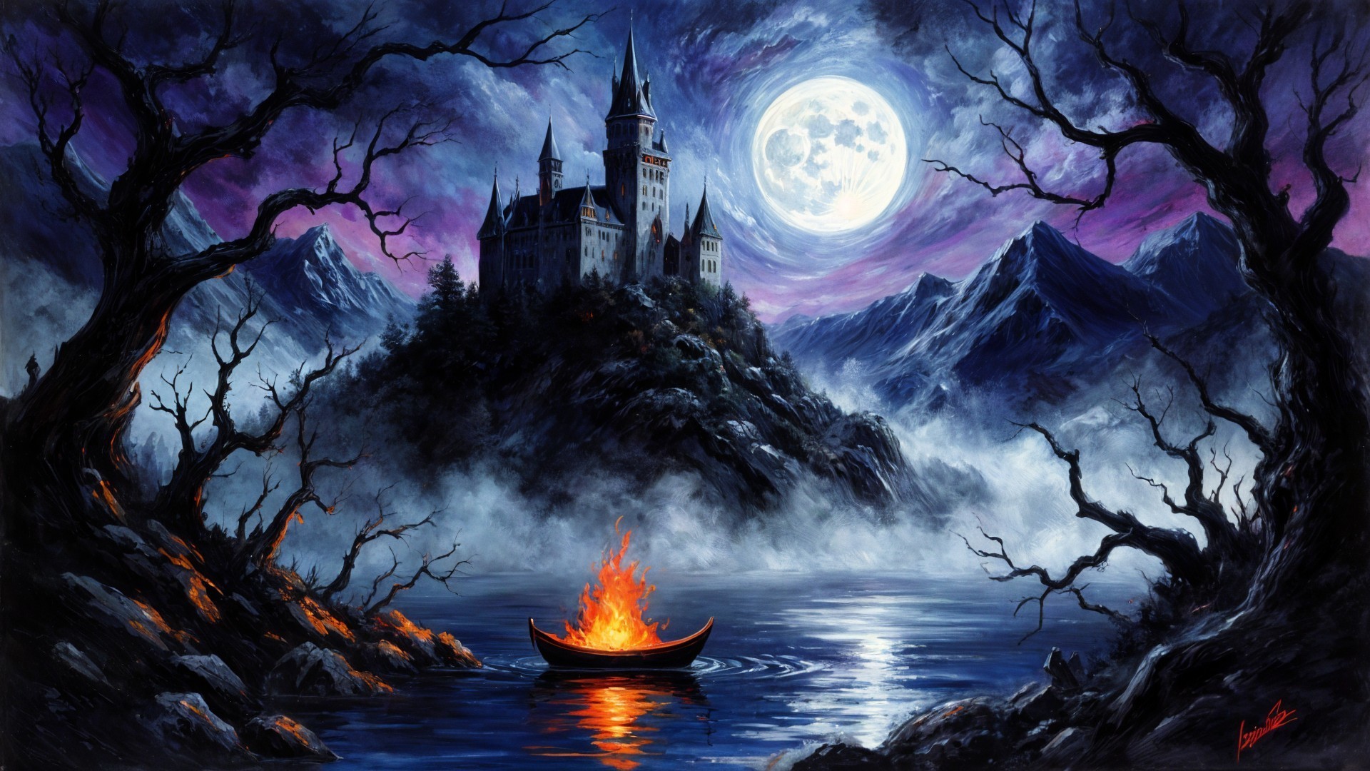 Mysterious Castle and Eerie Landscape at Night