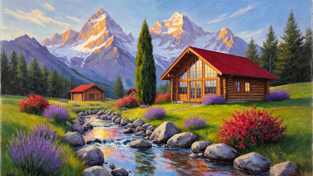 Serene Landscape with Log Cabins and Rocky Mountains