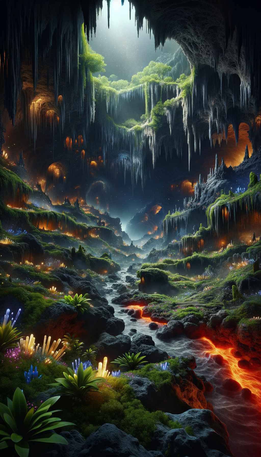 Mystical underground landscape with lava river and luminous plants