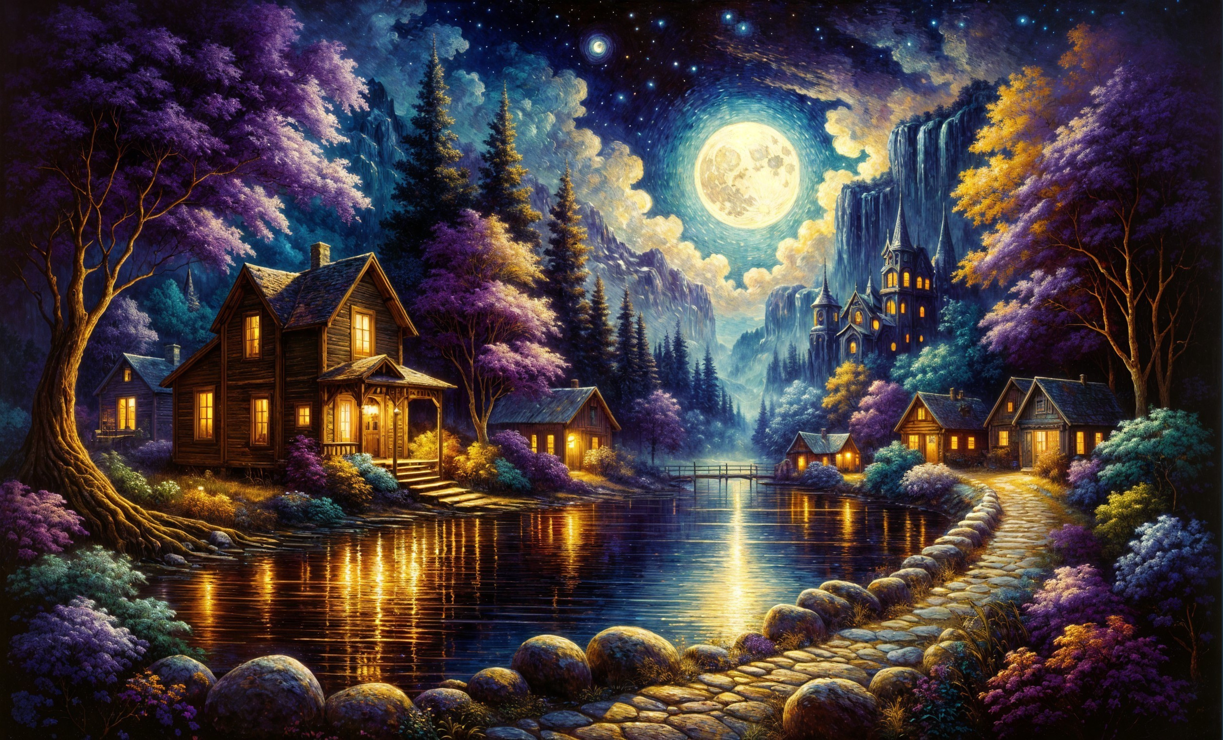 Cozy Cabins by a Tranquil Lake Under Moonlight
