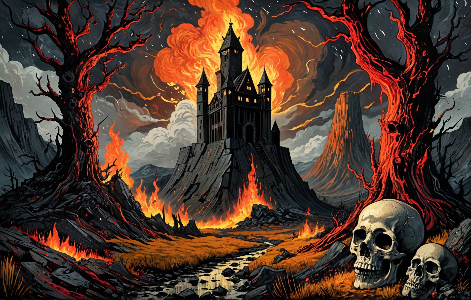 Ominous landscape with castle, flames, and skeletal remains