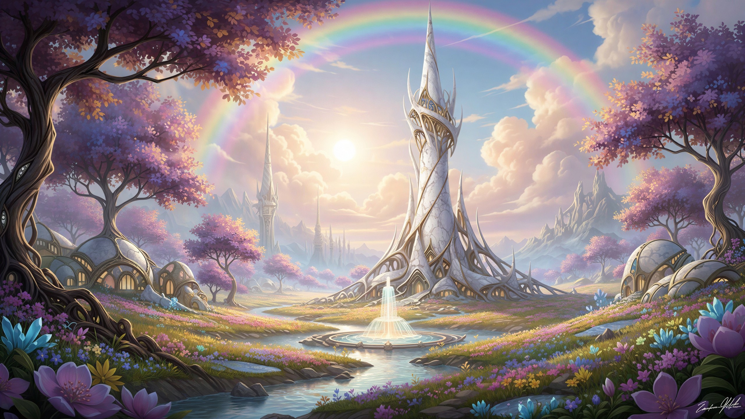 Fantasy Landscape with Towers, Fountain, and Rainbow