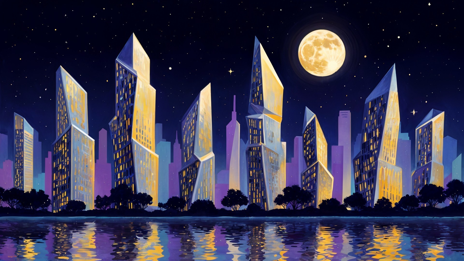 Vibrant Night City Skyline with Unique Skyscrapers
