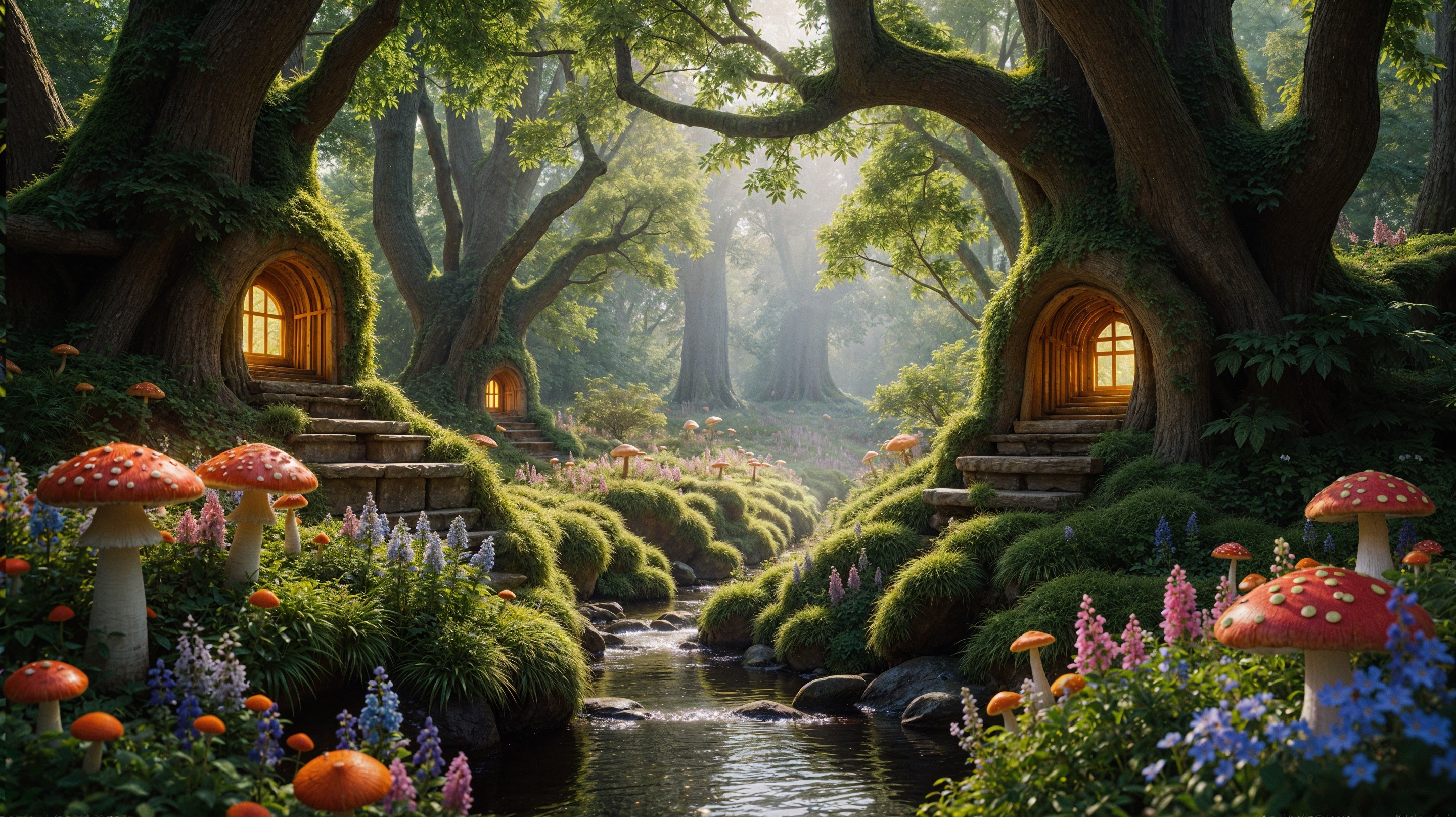 Enchanting Forest Scene with Treehouses and Streams